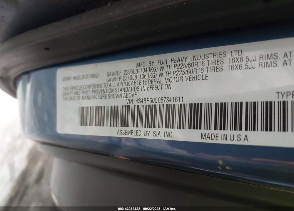 2008 SUBARU OUTBACK VIN: 4S4BP60C087341611