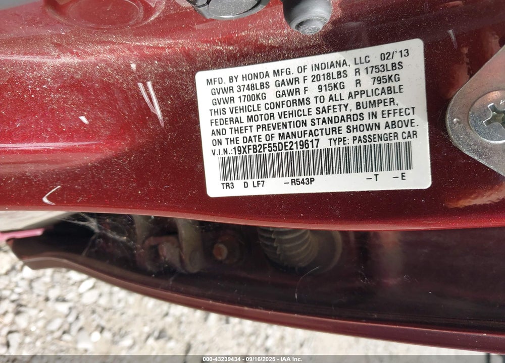2013 HONDA CIVIC LX VIN: 19XFB2F55DE219617