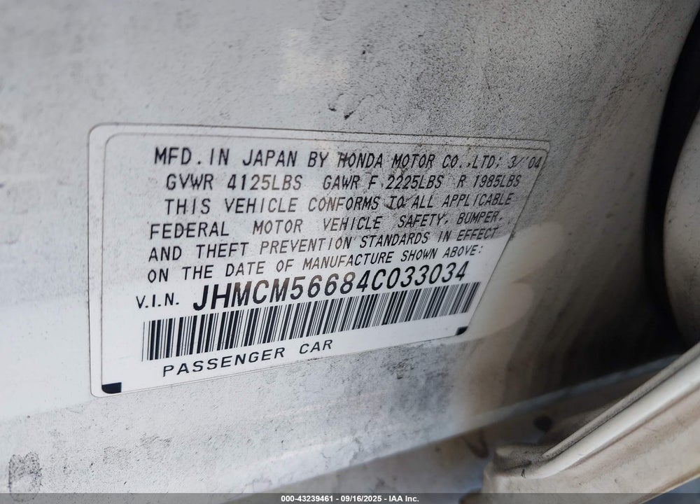 2004 HONDA ACCORD 2.4 EX VIN: JHMCM56684C033034