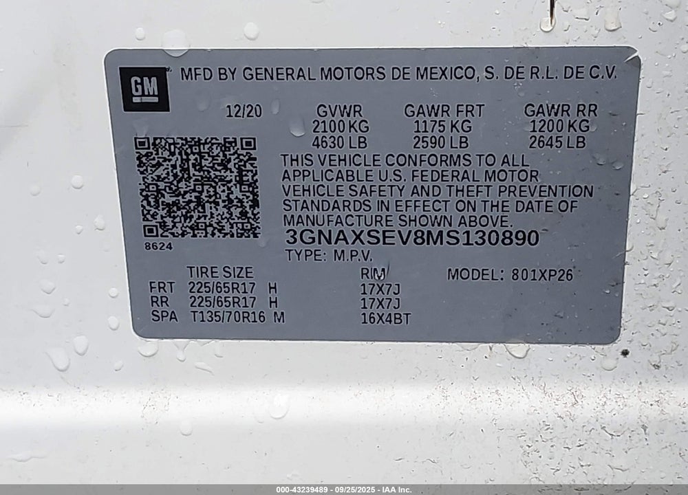 2021 CHEVROLET EQUINOX VIN: 3GNAXSEV8MS130890