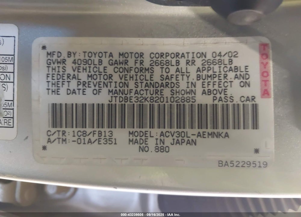 2002 TOYOTA CAMRY LE VIN: JTDBE32K820102885