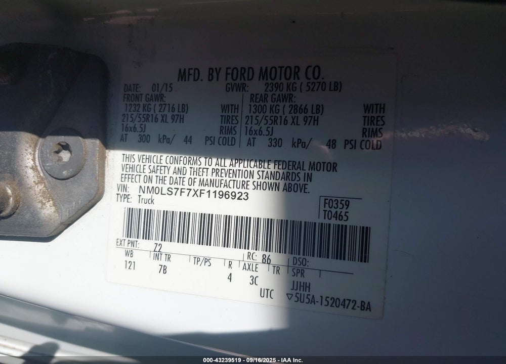 2015 FORD TRANSIT CONNECT VIN: NM0LS7F7XF1196923