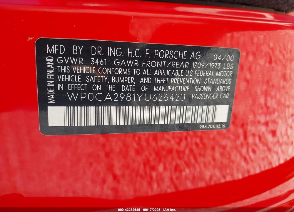2000 PORSCHE BOXSTER VIN: WP0CA2981YU626420