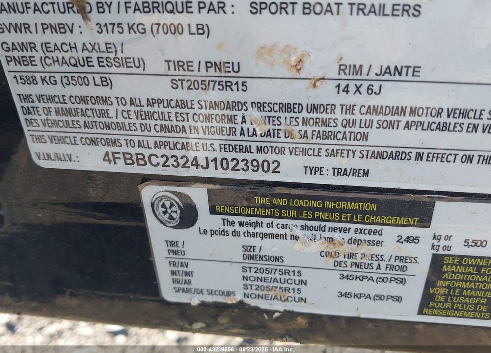 2018 TRAILER BOAT VIN: 4FBBC2324J1023902