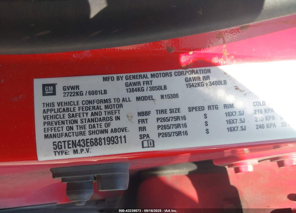 2008 HUMMER H3 VIN: 5GTEN43E688199311