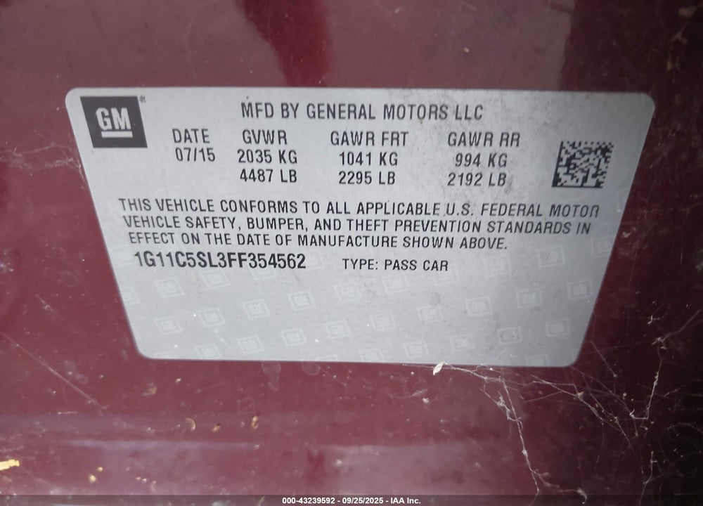 2015 CHEVROLET MALIBU 1LT VIN: 1G11C5SL3FF354562
