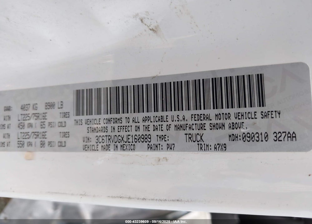 2018 RAM PROMASTER 2500 HIGH ROOF 159 WB VIN: 3C6TRVDGXJE160989