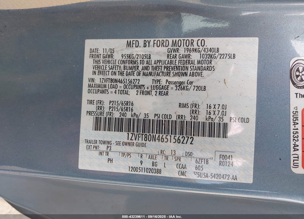 2006 FORD MUSTANG V6 VIN: 1ZVFT80N465156272