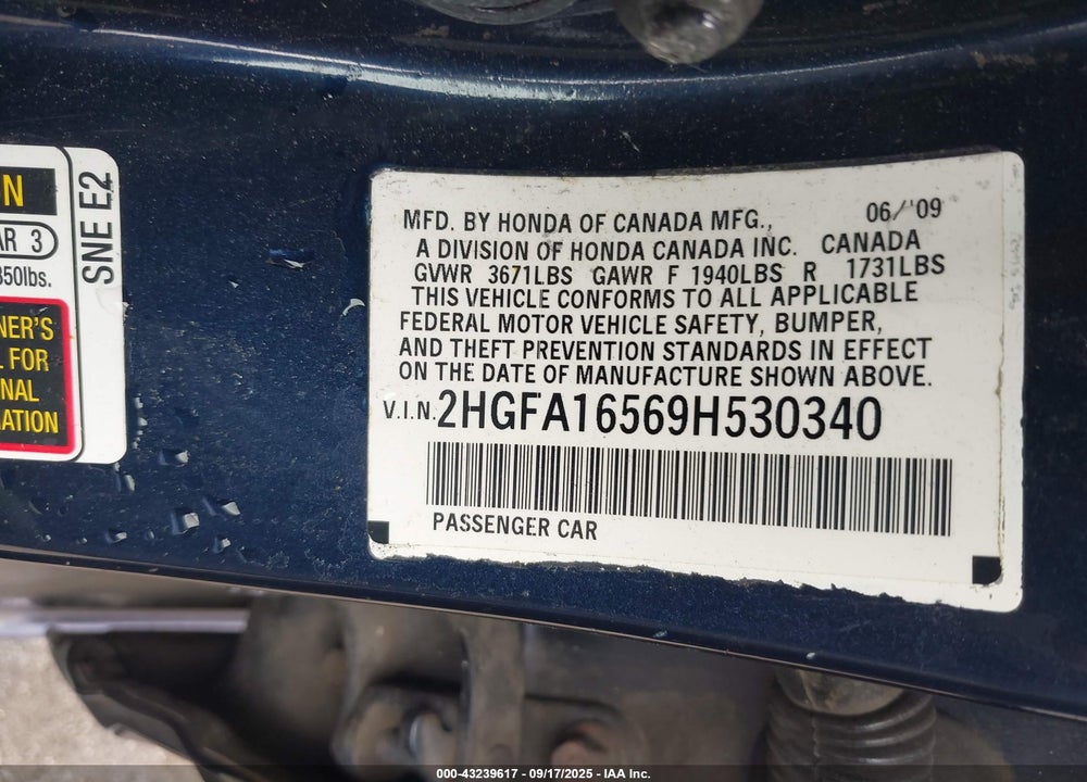 2009 HONDA CIVIC VIN: 2HGFA16569H530340