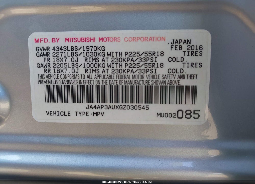 2016 MITSUBISHI OUTLANDER SPORT VIN: JA4AP3AUXGZ030545