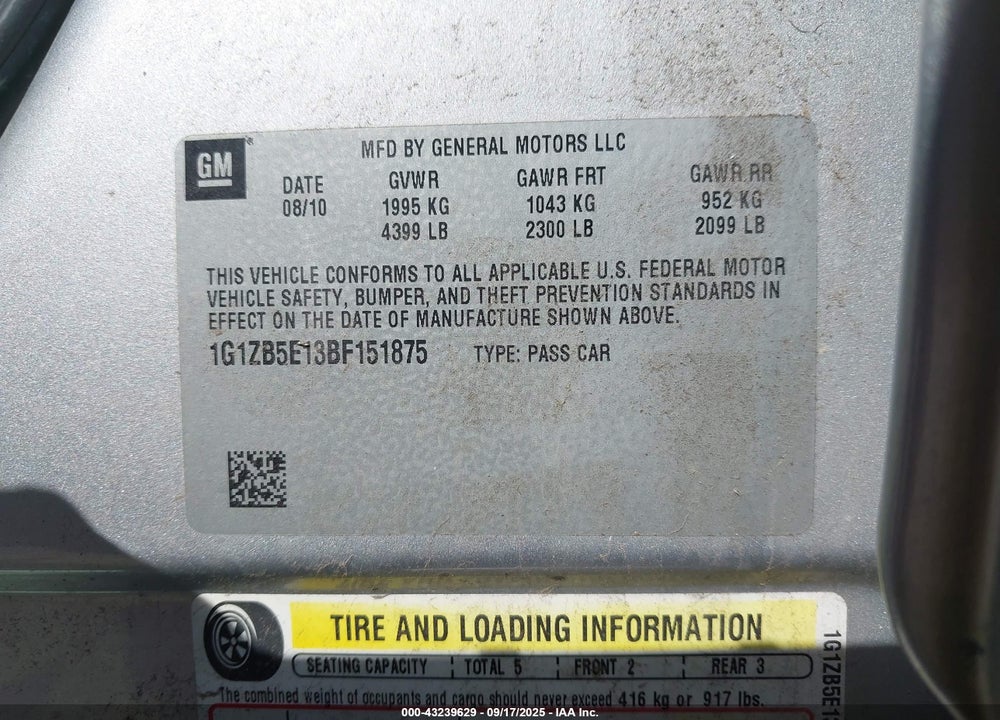 2011 CHEVROLET MALIBU VIN: 1G1ZB5E13BF151875