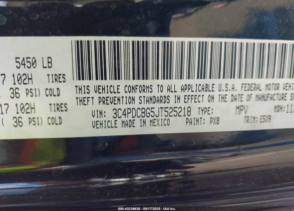 2018 DODGE JOURNEY SXT VIN: 3C4PDCBG5JT525218