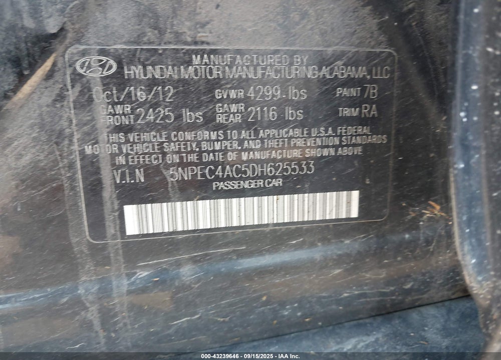 2013 HYUNDAI SONATA LIMITED VIN: 5NPEC4AC5DH625533