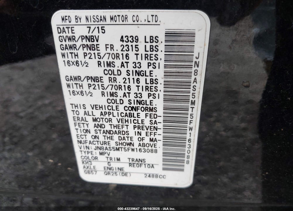 2015 NISSAN ROGUE SELECT S VIN: JN8AS5MT5FW163088