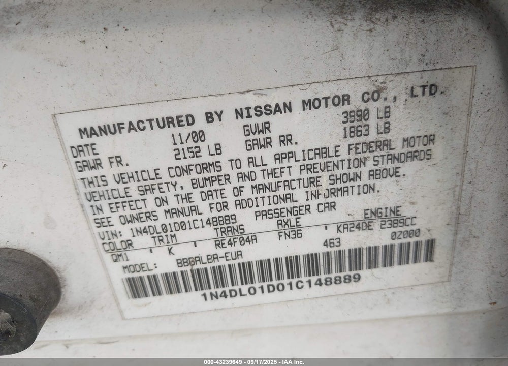 2001 NISSAN ALTIMA GXE VIN: 1N4DL01D01C148889