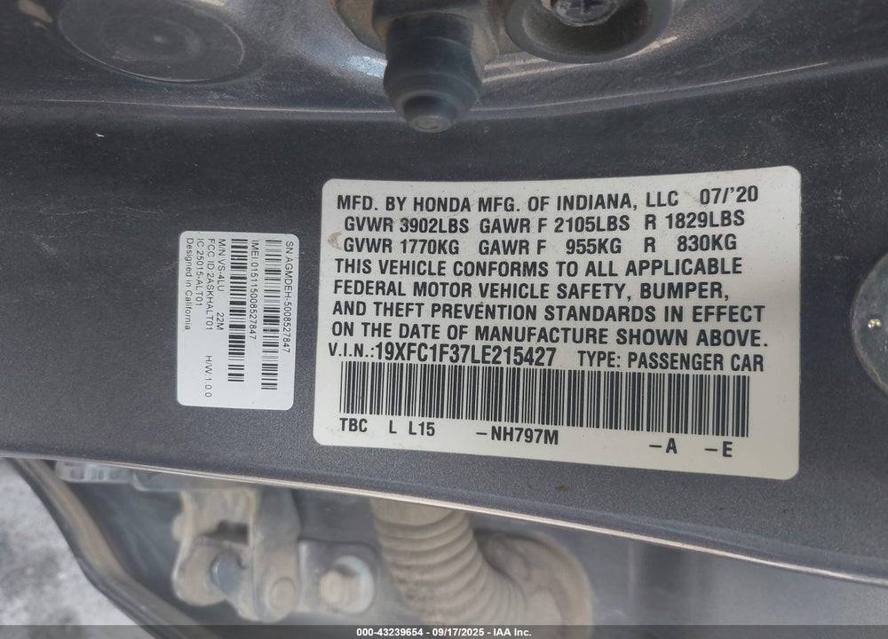 2020 HONDA CIVIC VIN: 19XFC1F37LE215427