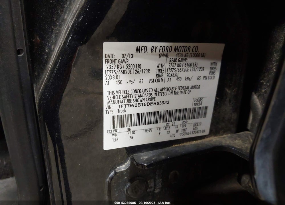 2013 FORD F-250 LARIAT VIN: 1FT7W2BT8DEB83933