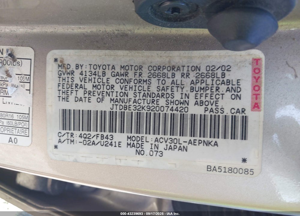 2002 TOYOTA CAMRY LE VIN: JTDBE32K920074420