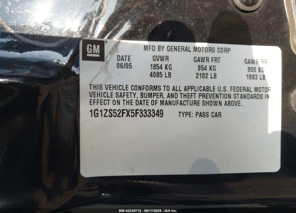 2005 CHEVROLET MALIBU VIN: 1G1ZS52FX5F333349