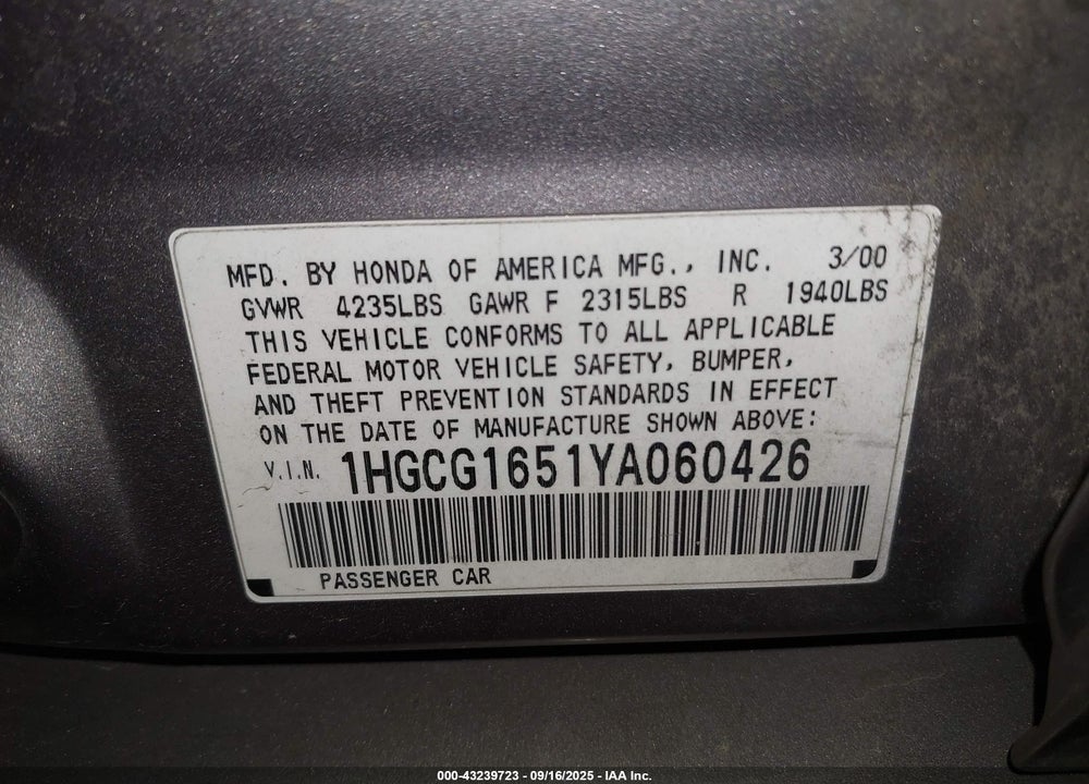2000 HONDA ACCORD 3.0 EX VIN: 1HGCG1651YA060426