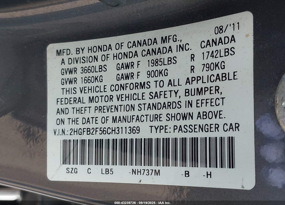 2012 HONDA CIVIC VIN: 2HGFB2F56CH311369