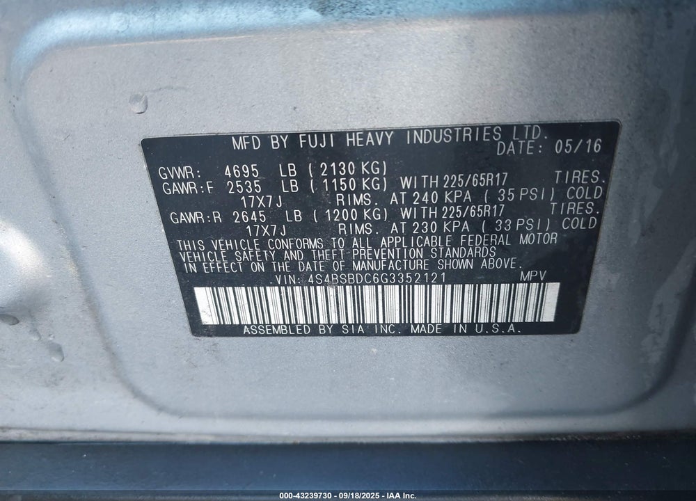 2016 SUBARU OUTBACK VIN: 4S4BSBDC6G3352121