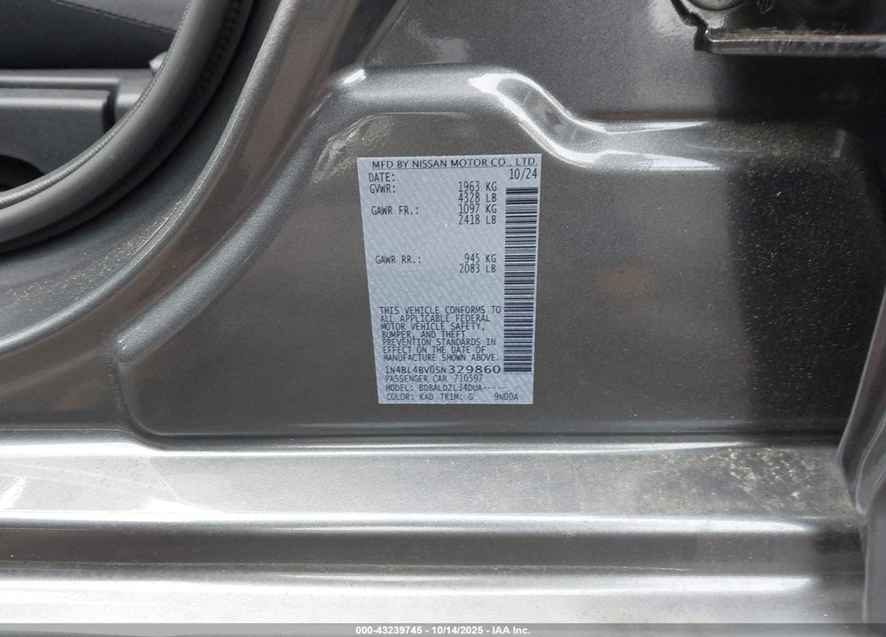 2025 NISSAN ALTIMA VIN: 1N4BL4BV0SN329860