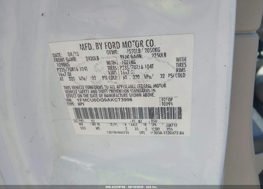 2010 FORD ESCAPE XLT VIN: 1FMCU0DG9AKC73996