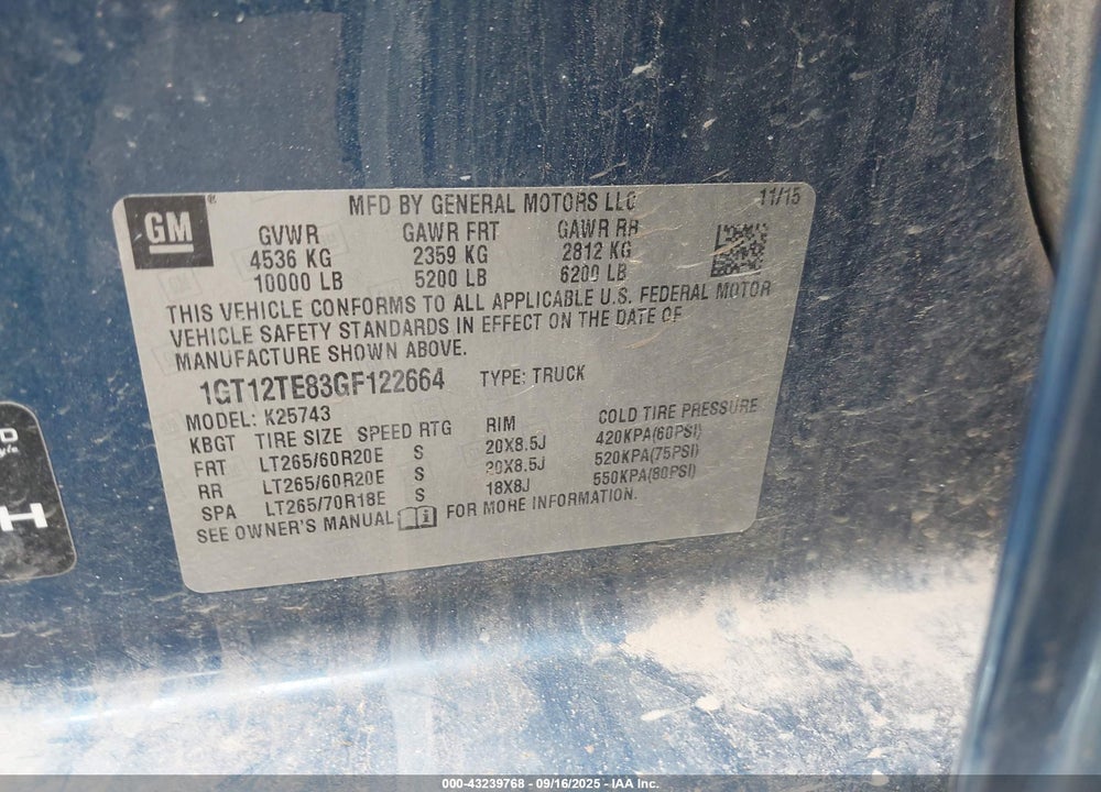 2016 GMC SIERRA VIN: 1GT12TE83GF122664