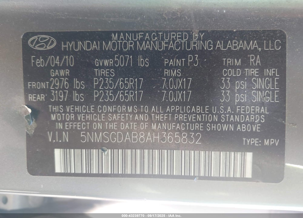 2010 HYUNDAI SANTA FE VIN: 5NMSGDAB8AH365832