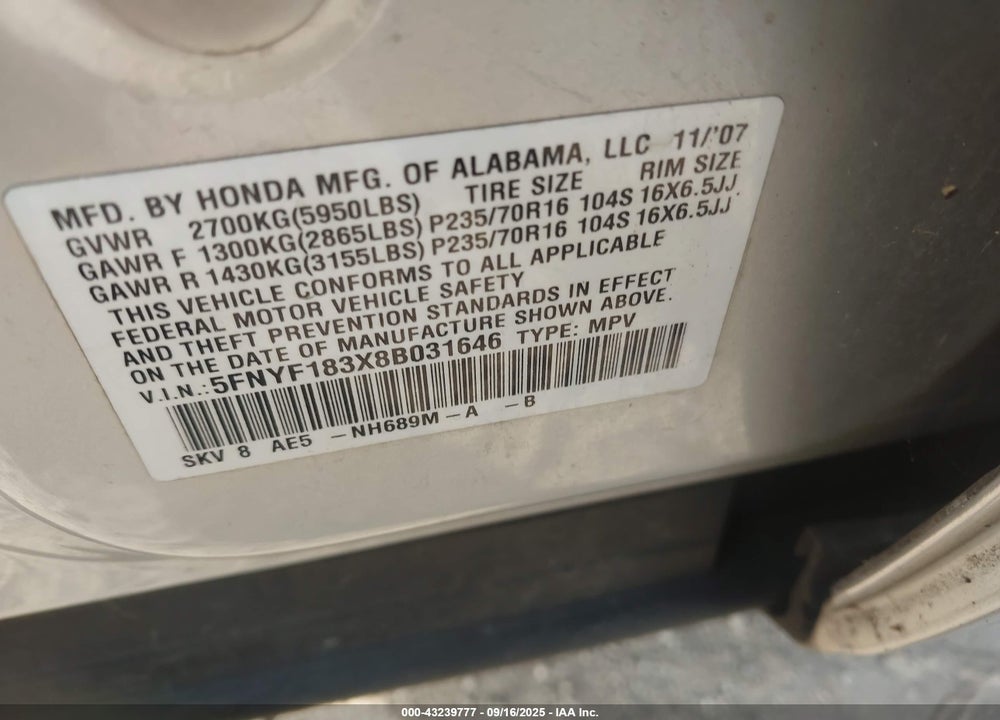 2008 HONDA PILOT SE VIN: 5FNYF183X8B031646