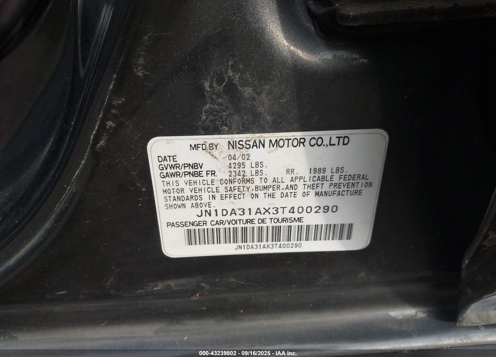 2003 NISSAN MAXIMA GLE VIN: JN1DA31AX3T400290