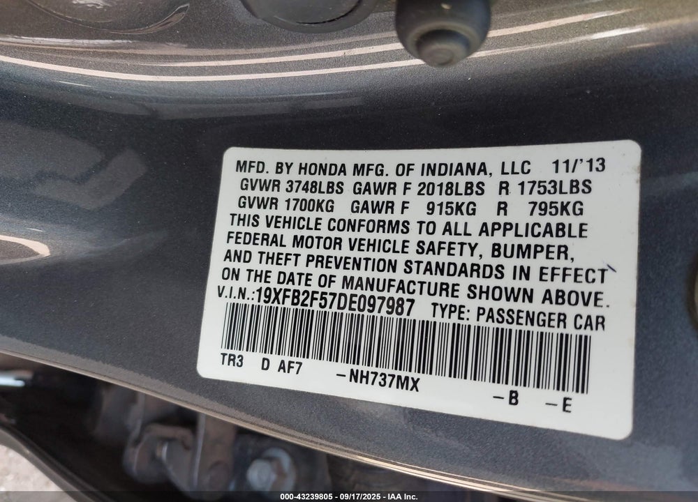 2013 HONDA CIVIC VIN: 19XFB2F57DE097987