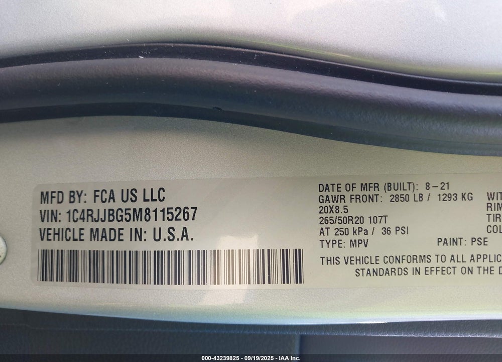 2021 JEEP GRAND CHEROKEE L VIN: 1C4RJJBG5M8115267