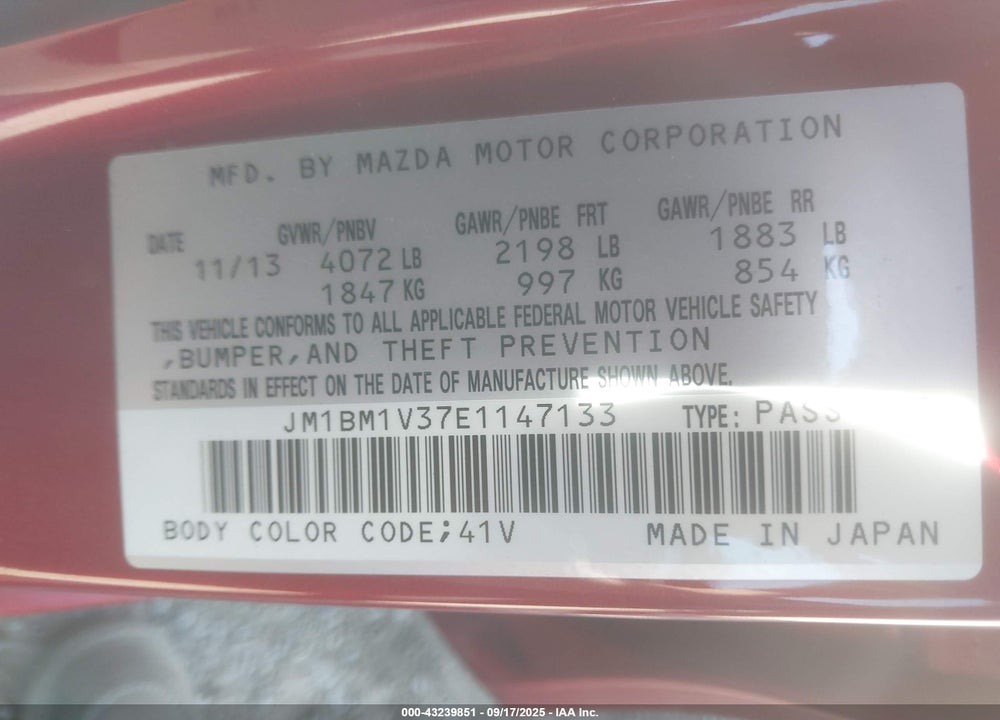 2014 MAZDA 3 VIN: JM1BM1V37E1147133