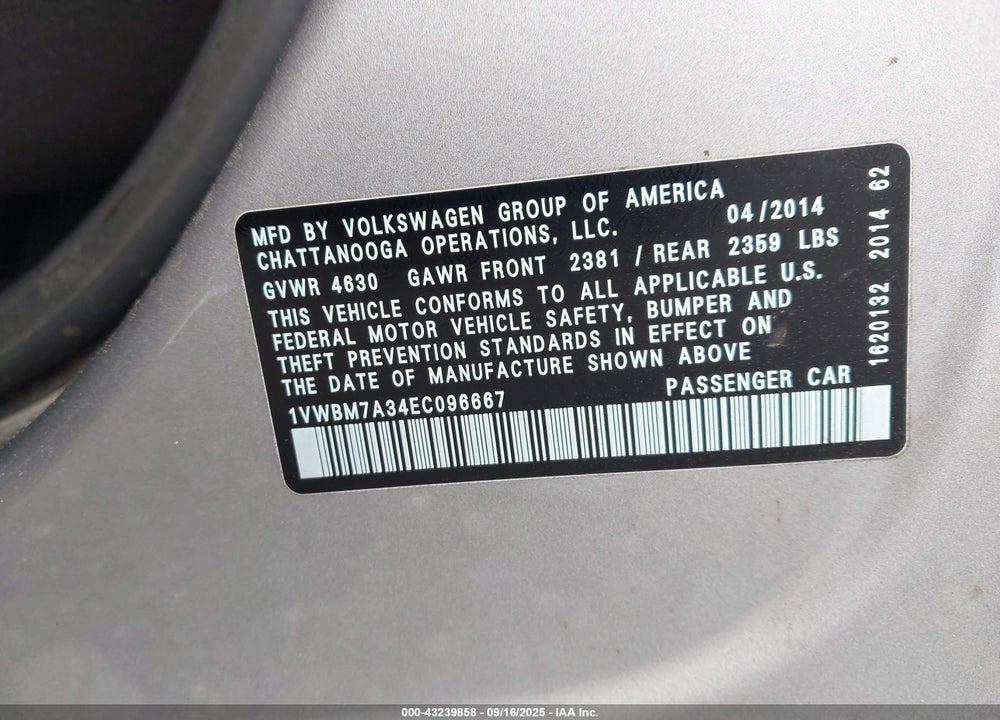 2014 VOLKSWAGEN PASSAT 3.6L V6 SE VIN: 1VWBM7A34EC096667