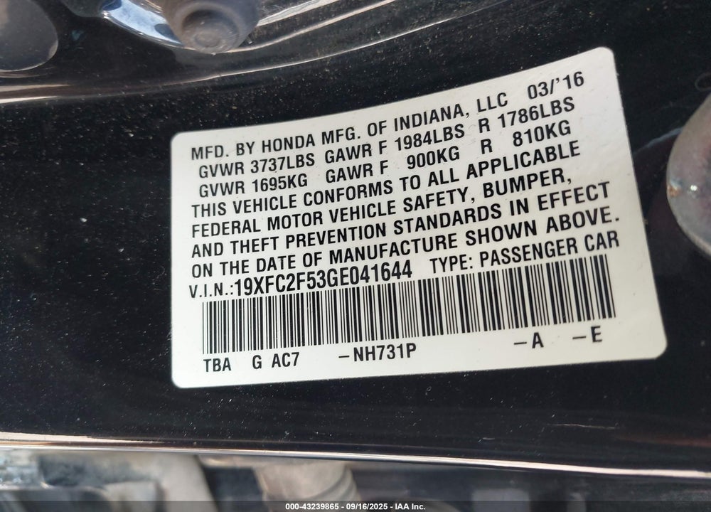 2016 HONDA CIVIC LX VIN: 19XFC2F53GE041644