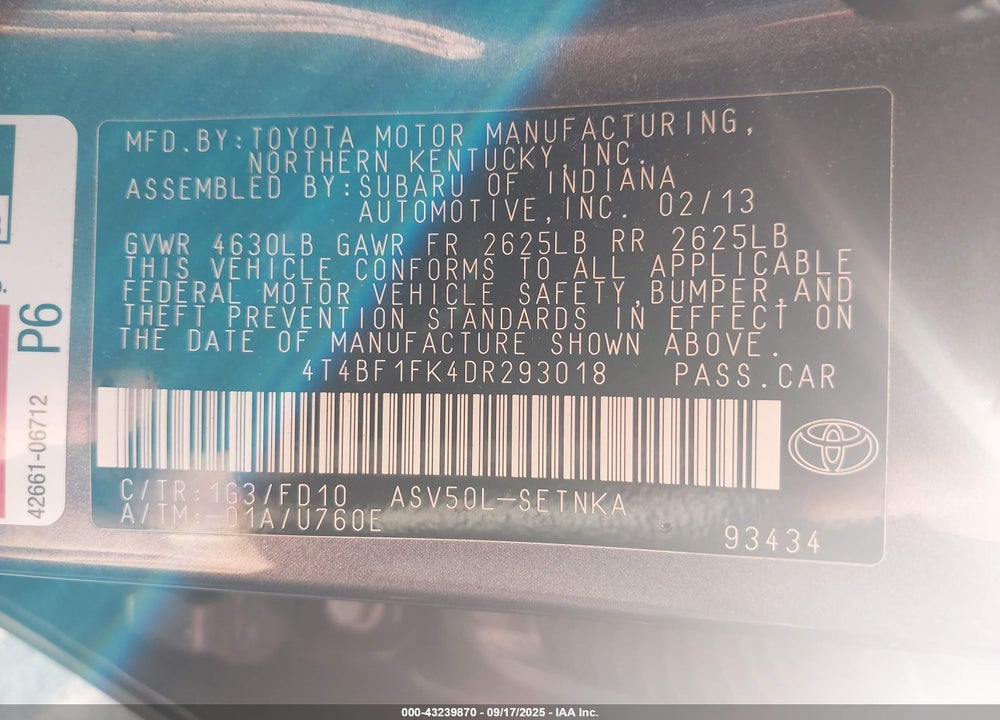 2013 TOYOTA CAMRY VIN: 4T4BF1FK4DR293018