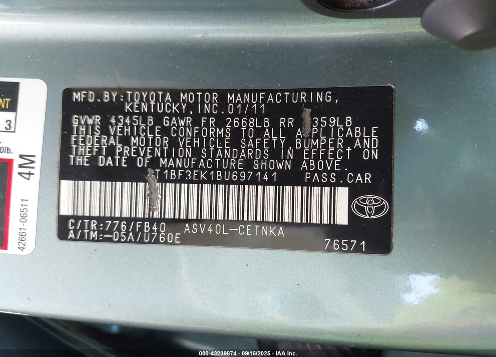 2011 TOYOTA CAMRY VIN: 4T1BF3EK1BU697141