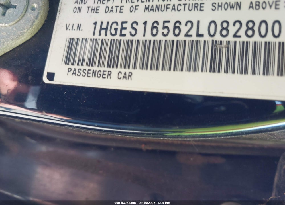 2002 HONDA CIVIC LX VIN: 1HGES16562L082800