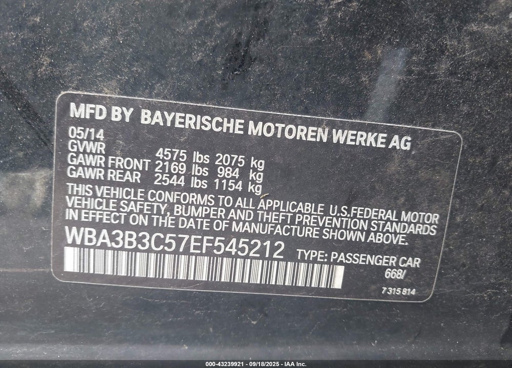 2014 BMW 3 SERIES VIN: WBA3B3C57EF545212
