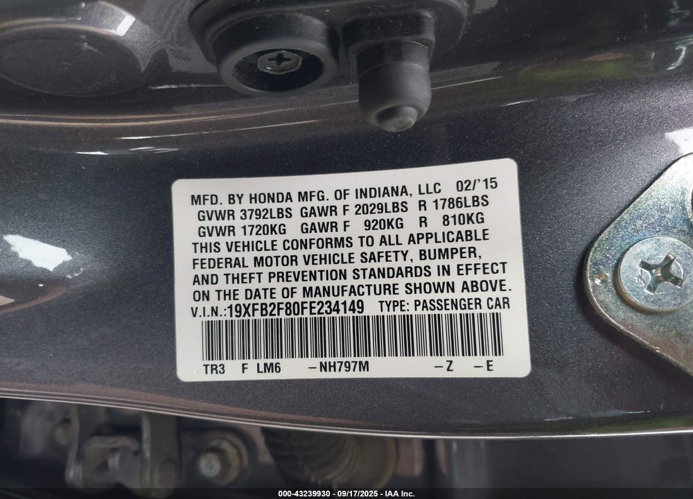 2015 HONDA CIVIC VIN: 19XFB2F80FE234149