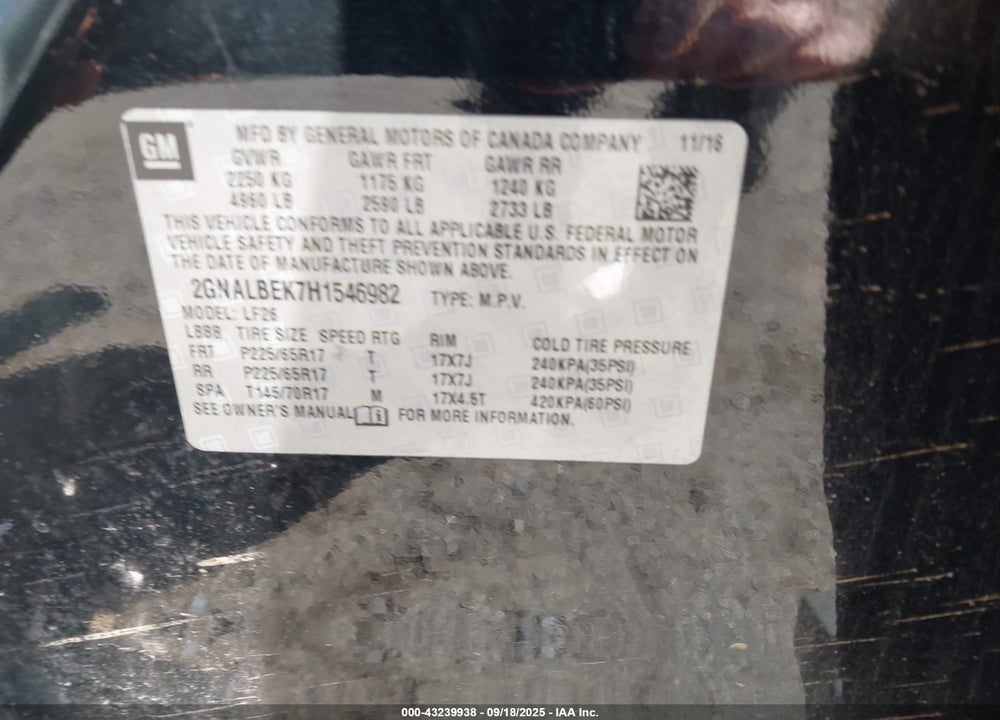 2017 CHEVROLET EQUINOX LS VIN: 2GNALBEK7H1546982