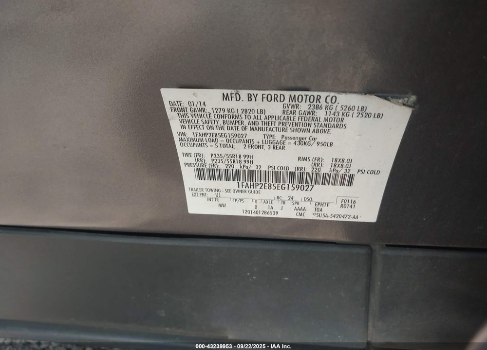 2014 FORD TAURUS VIN: 1FAHP2E85EG159027