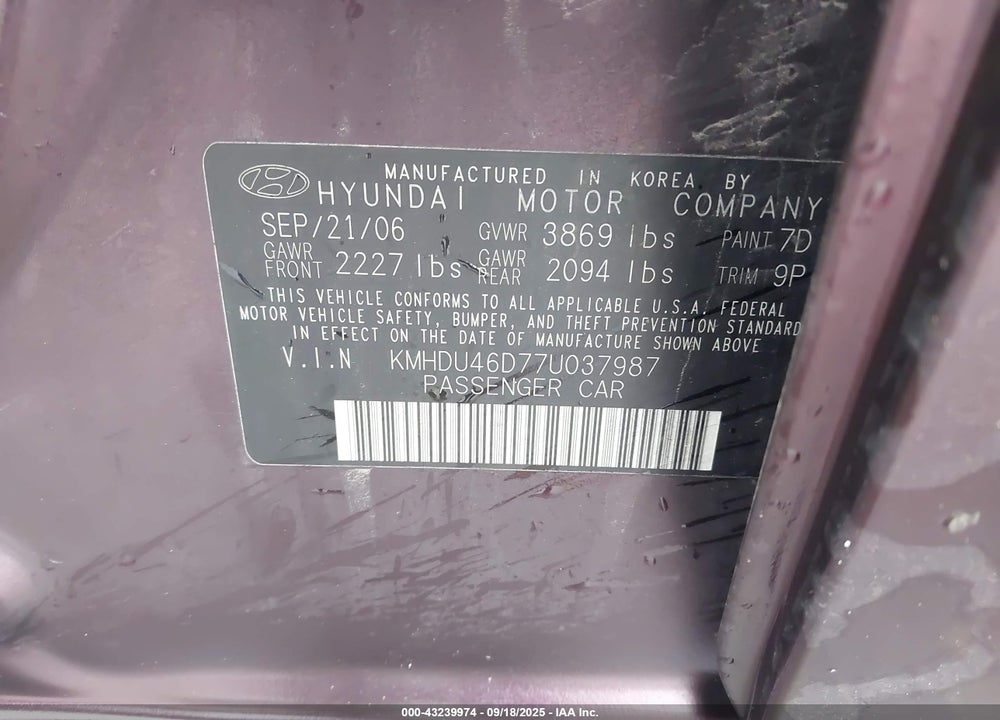 2007 HYUNDAI ELANTRA GLS/LIMITED/SE VIN: KMHDU46D77U037987