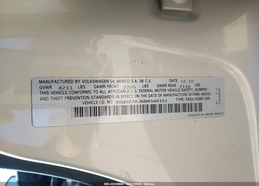 2011 VOLKSWAGEN JETTA VIN: 3VWDX7AJ6BM340151