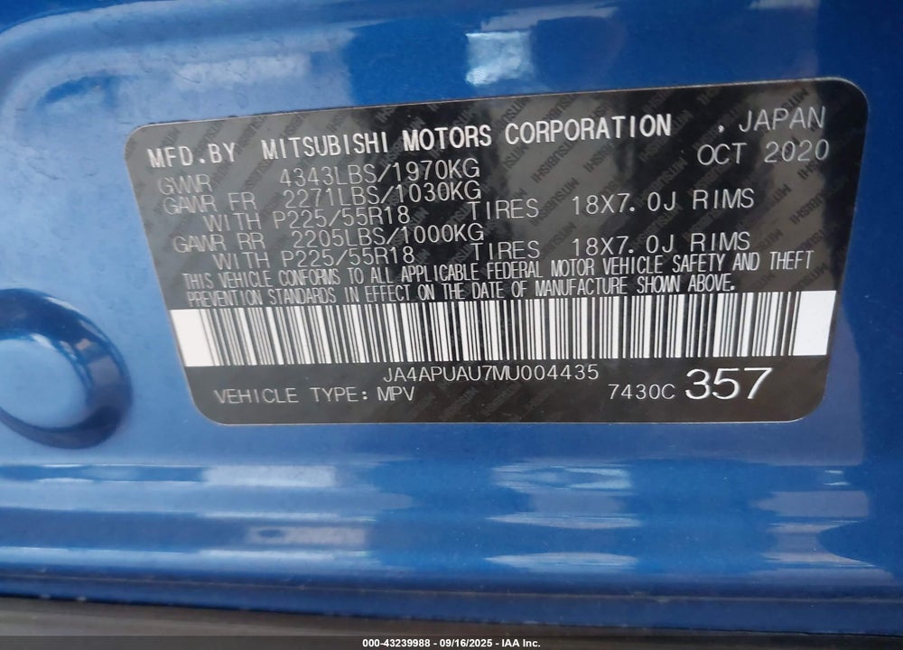2021 MITSUBISHI OUTLANDER SPORT 2.0 BE 2WD/2.0 ES 2WD/2.0 LE 2WD/2.0 S 2WD VIN: JA4APUAU7MU004435