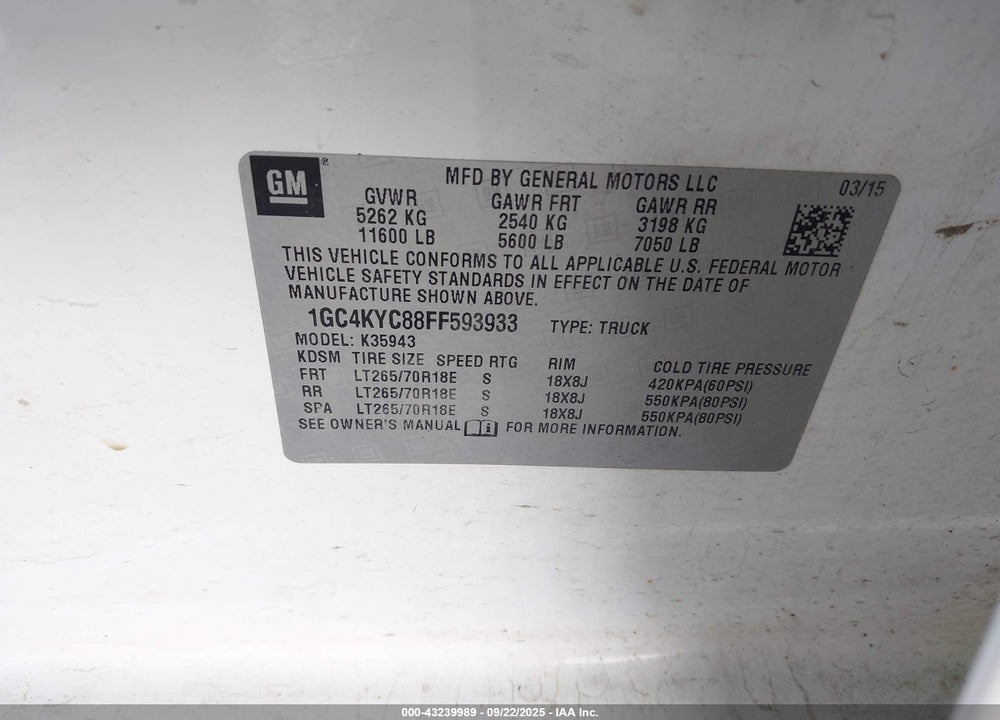 2015 CHEVROLET SILVERADO 3500HD WT VIN: 1GC4KYC88FF593933