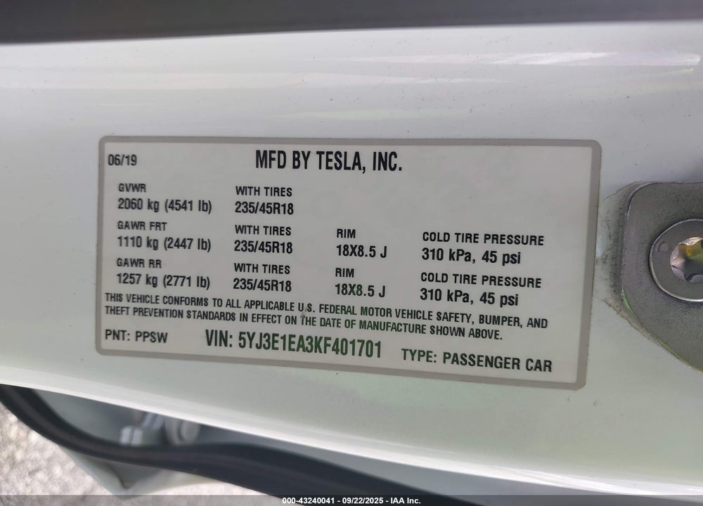 2019 TESLA MODEL 3 VIN: 5YJ3E1EA3KF401701