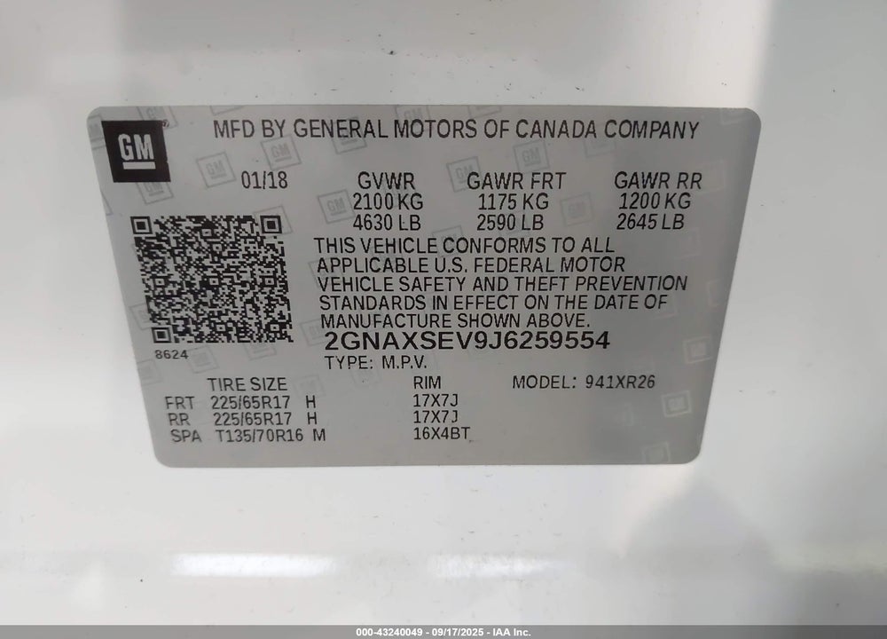 2018 CHEVROLET EQUINOX VIN: 2GNAXSEV9J6259554